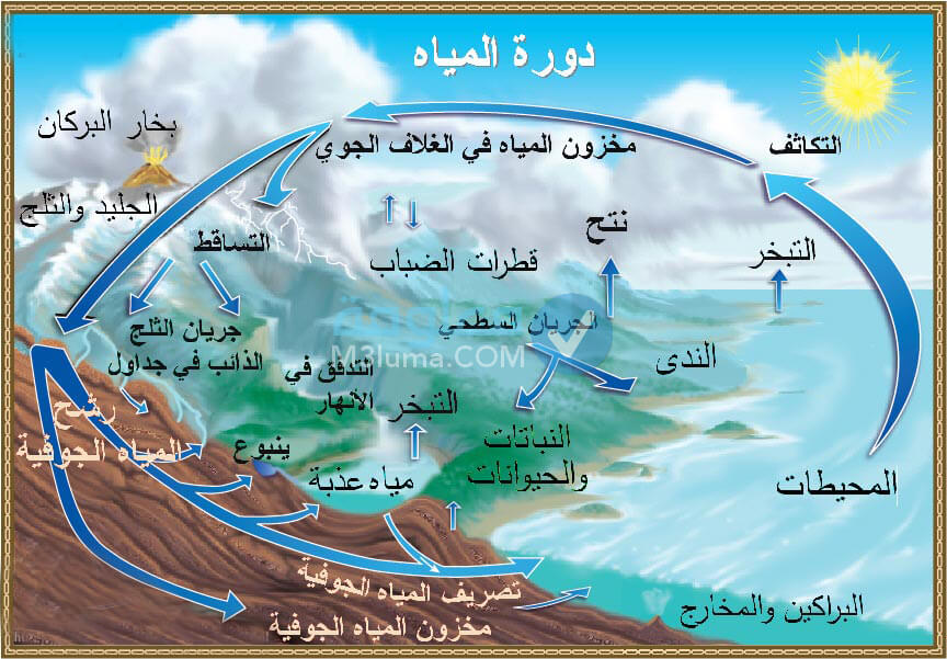 حركة الماء بين سطح الأرض والغلاف الجوي تسمى دورة الماء.